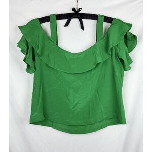 NWT J.Crew 100% Silk Cold Shoulder Ruffle Blouse Emerald Green Chic Top Size 14